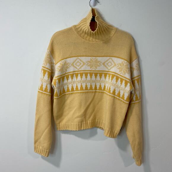 Obermeyer Women's Sweater Turtleneck Fair Isle Wool Yellow White Retro Large - Picture 1 of 7
